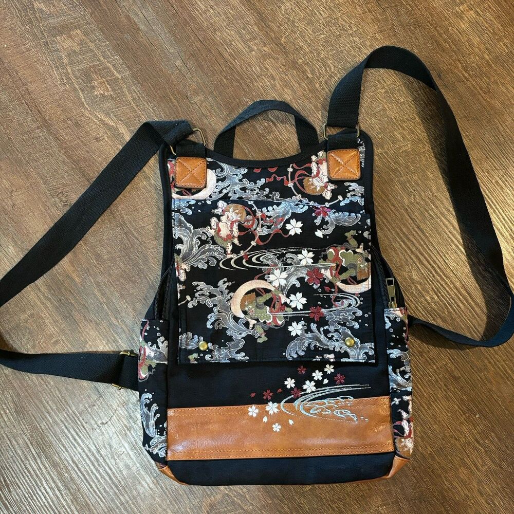 Attractive rare item Canvas X synthetic leather backpack  Japanese pattern